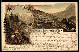 Lithographie Chateau d`Oex, Teilansicht, Ortspartie mit Baue